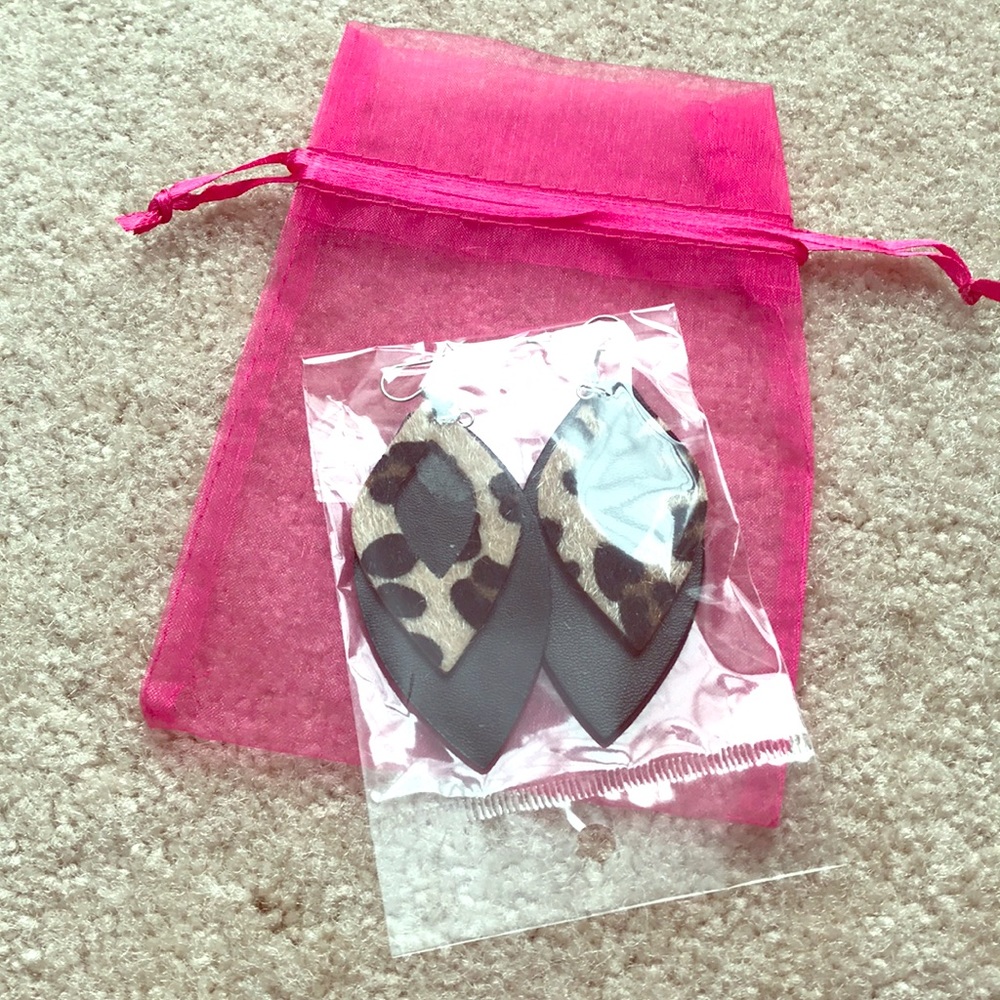 Leather and Black Leopard Earrings. NWOT